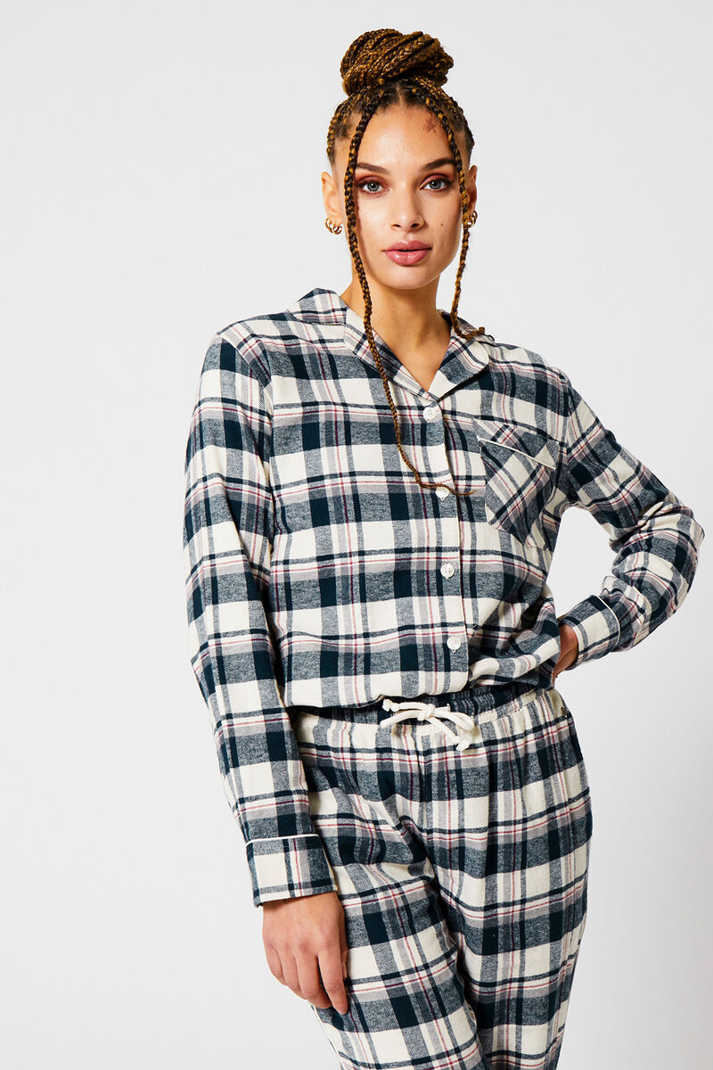 Women Pajama shirt flannel Navy/ecru | America Today
