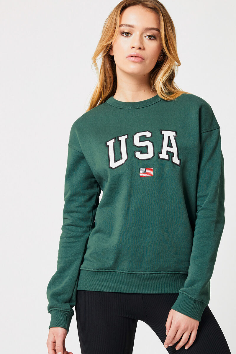 Damen Sweatshirt mit Rundhalsausschnitt und USA Text-Print Bottle green