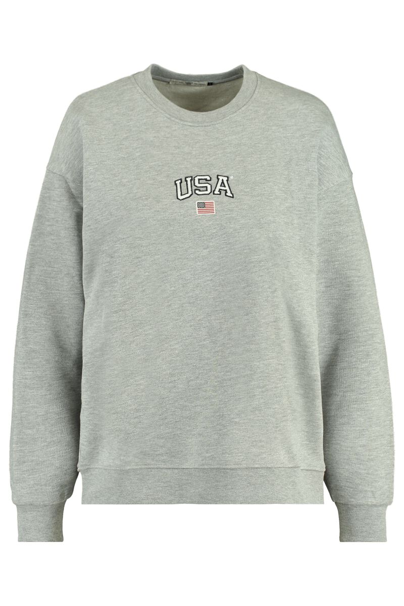 Dames Sweater grijs met USA borduring Mid grey melange