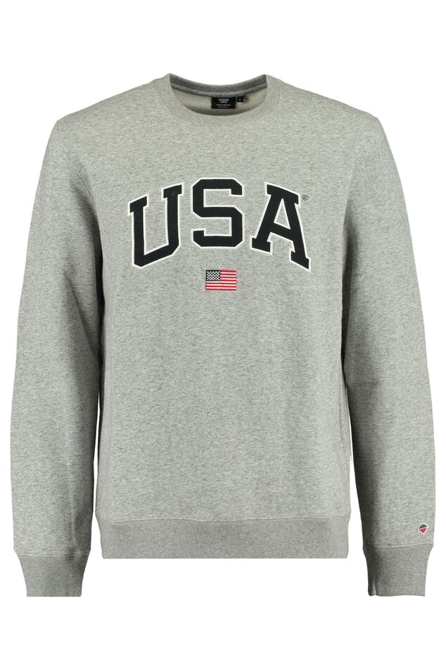 Heren Sweater met USA tekstborduring Mid grey melange